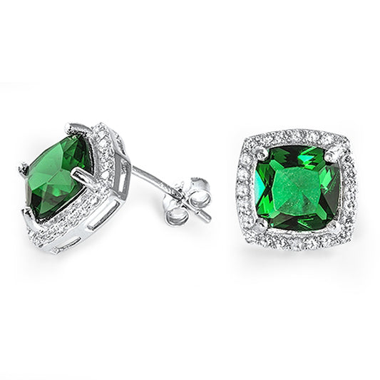 Cushion May Birthstone Cubic Zirconia Halo Inspired Stud Earrings in Sterling Silver