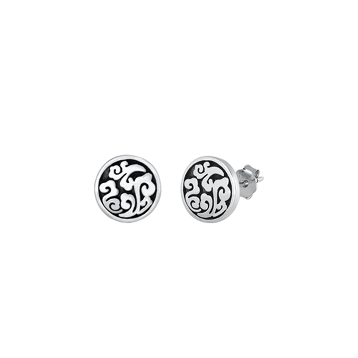 Vine Button Stud Earrings in Sterling Silver