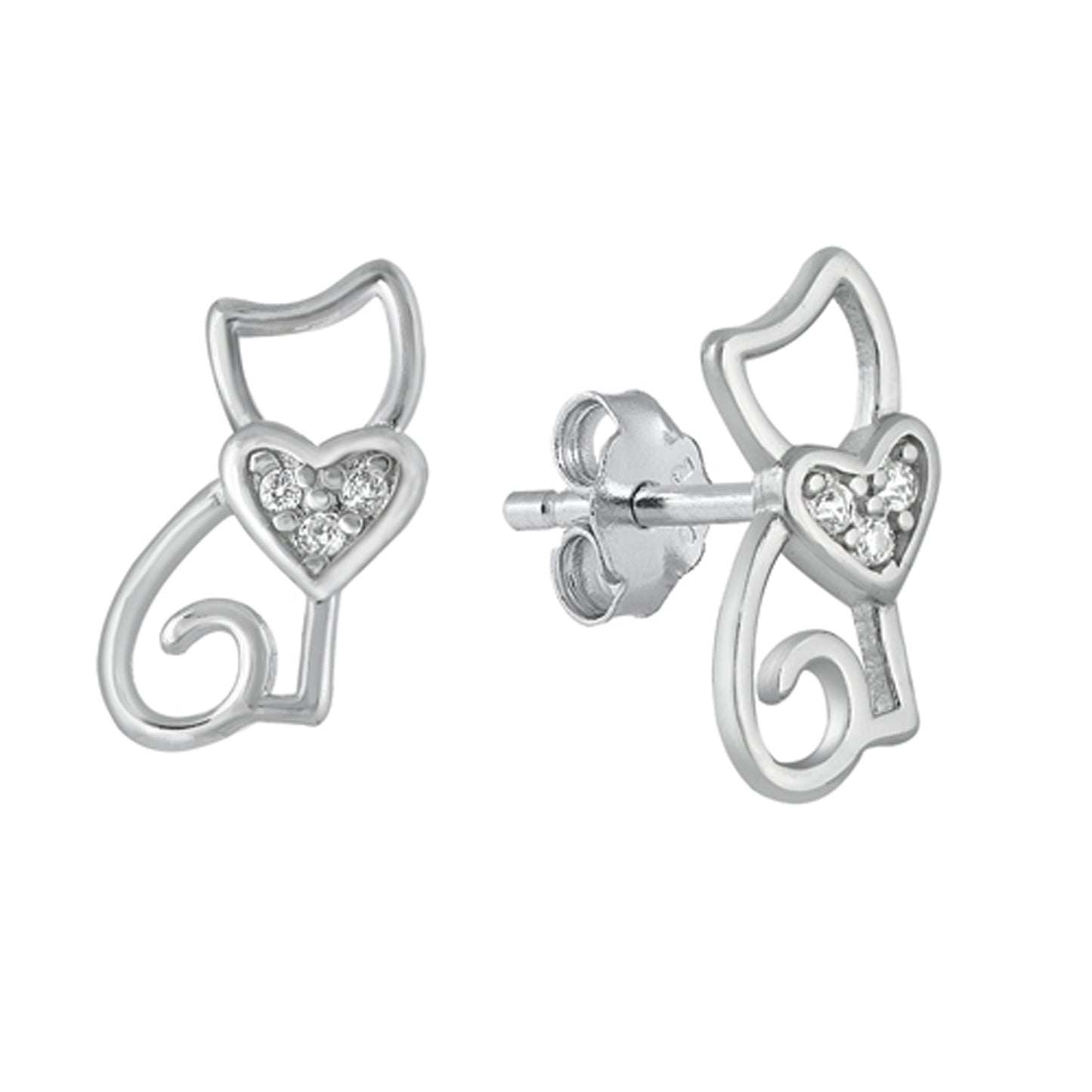 Cat with Heart Bow Stud Earrings in Sterling Silver