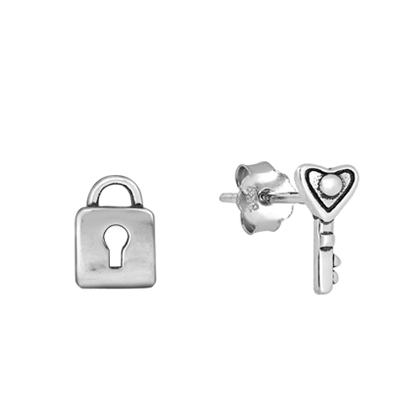 Key with Padlock Mismatched Stud Earrings in Sterling Silver