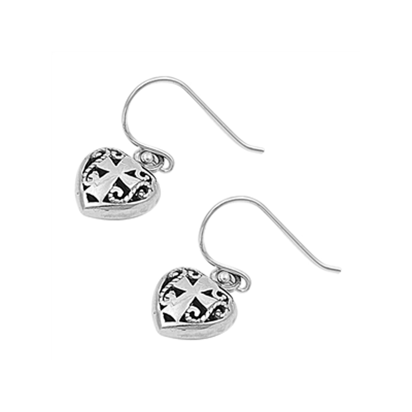 Filigree Heart with Cross Dangle Earrings in Sterling Silver