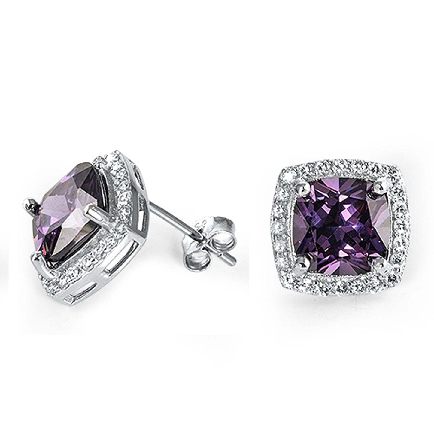 Cushion February Birthstone Cubic Zirconia Halo Inspired Stud Earrings in Sterling Silver