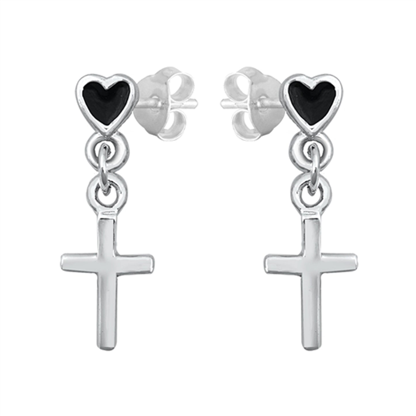 Heart Button with Cross Dangle Earrings in Sterling Silver