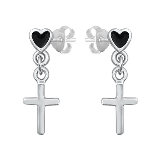 Heart Button with Cross Dangle Earrings in Sterling Silver