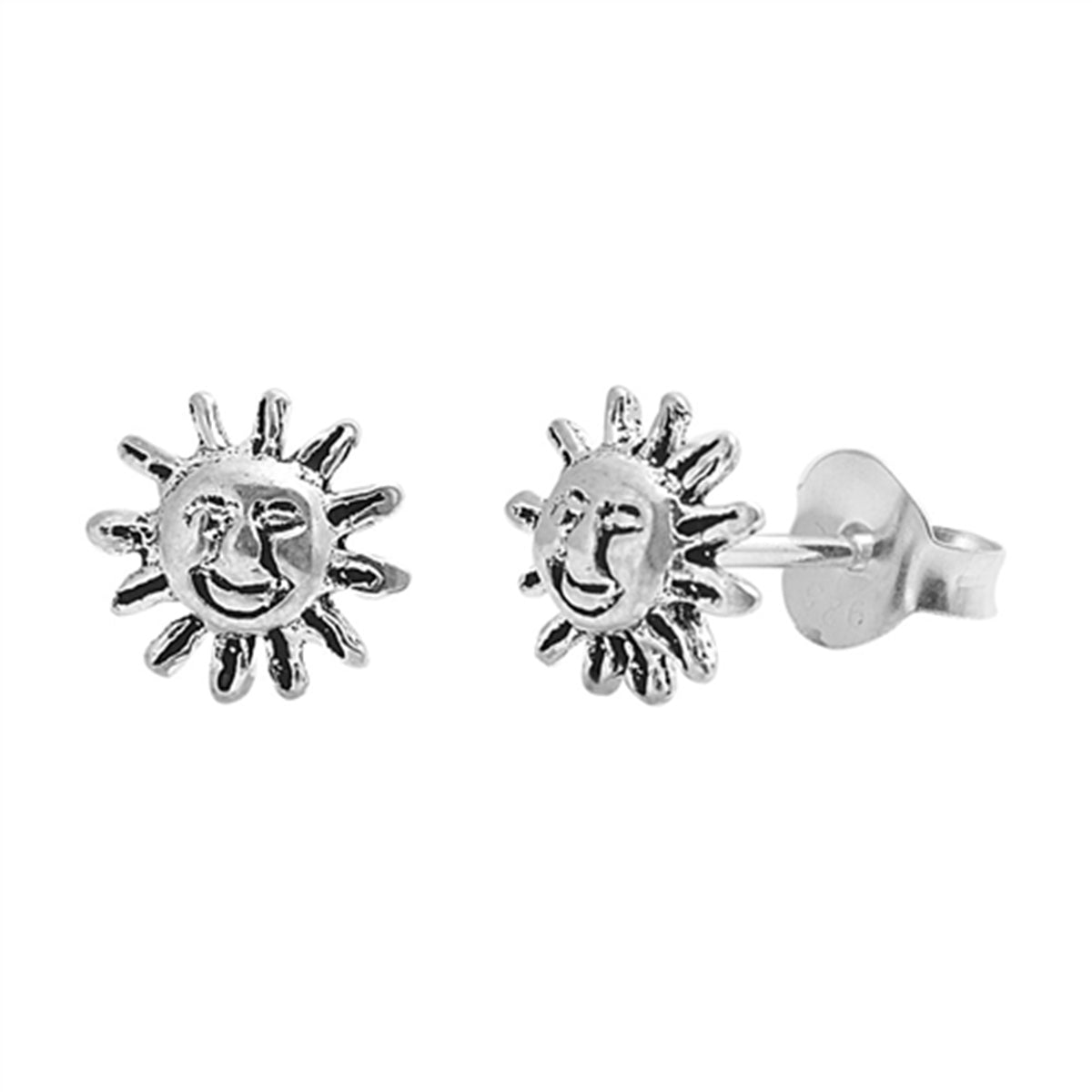 Small Smiling Sun Stud Earrings in Sterling Silver