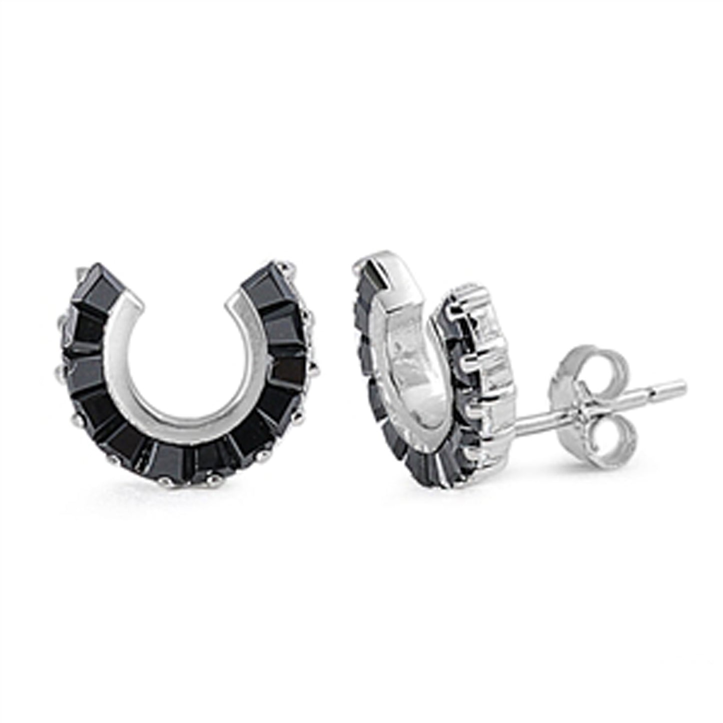 Horseshoe Black Cubic Zirconia Accent Stud Earrings in Sterling Silver