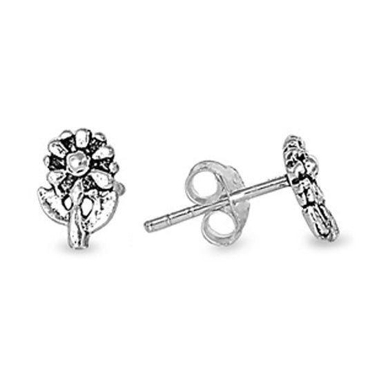 Flower with Stem Stud Earrings in Sterling Silver