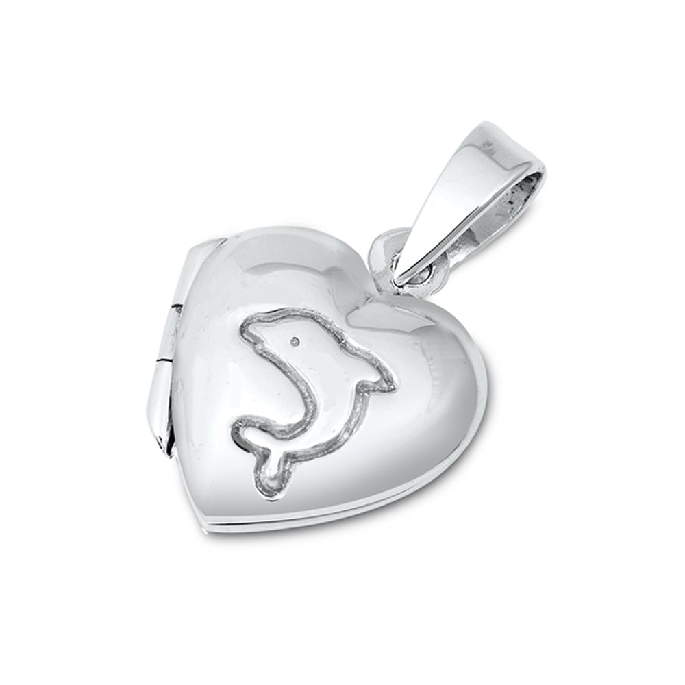 Heart Locket with Dolphin Engrave Pendant in Sterling Silver