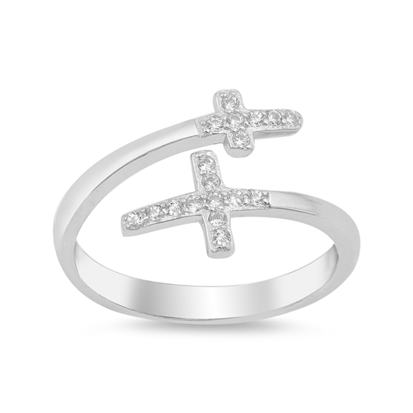 Big and Small Cross Bypass Ring Cubic Zirconia Accent in Sterling Silver