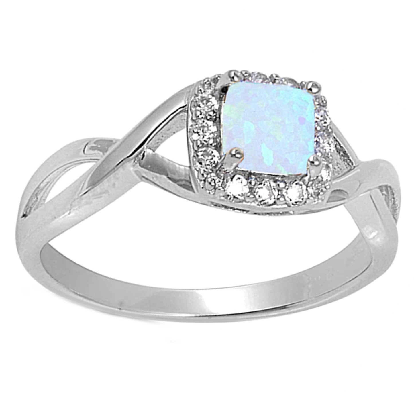 Halo Inspired Cushion Shaped White Lab Opal Twisted Ring in Sterling Silver