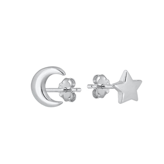 Half Moon & Star Mismatched Stud Earrings in Sterling Silver