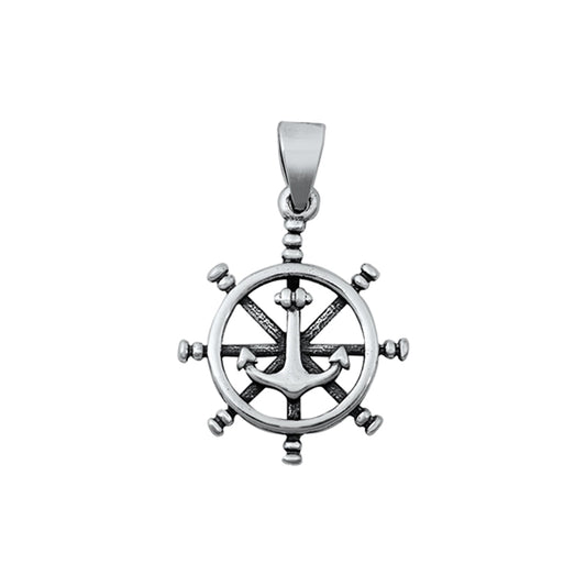 Ship's Steering Wheel with Anchor Pendant in Sterling Silver