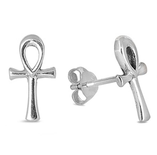 Plain Cross Ankh Stud Earrings in Sterling Silver