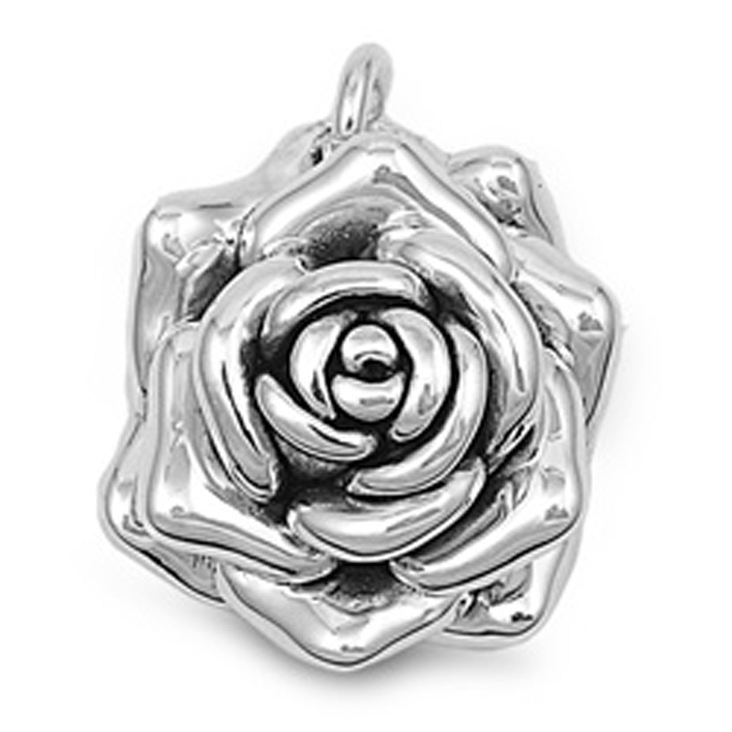 Large Blossom Rose Hollow Pendant in Sterling Silver