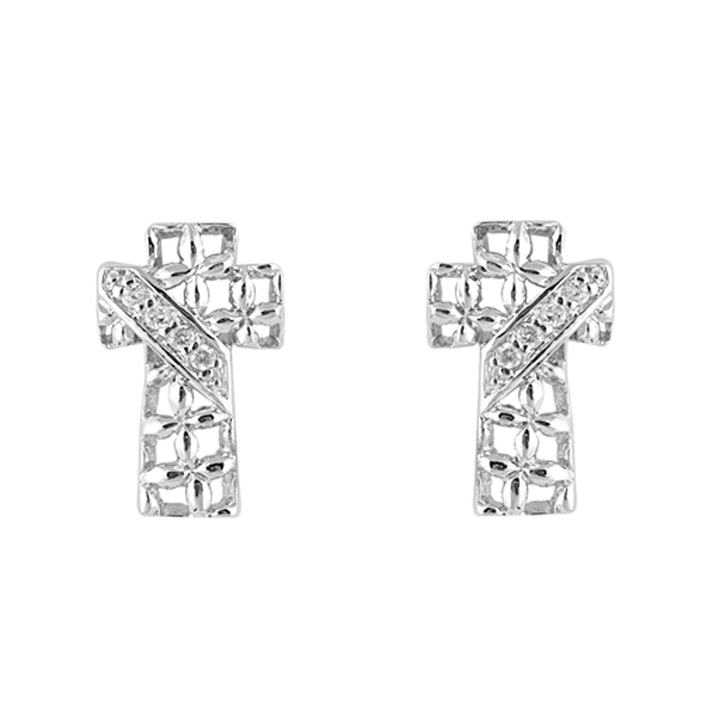 Filigree Cubic Zirconia Cross Stud Earrings in Sterling Silver