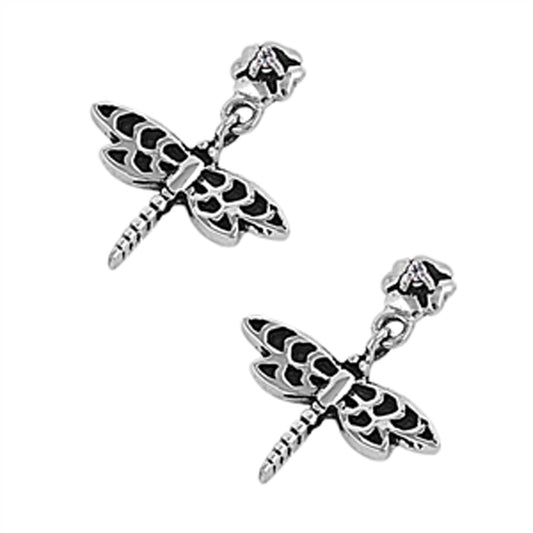 Black Cubic Zirconia Dragonfly Short Dangle Earrings in Sterling Silver