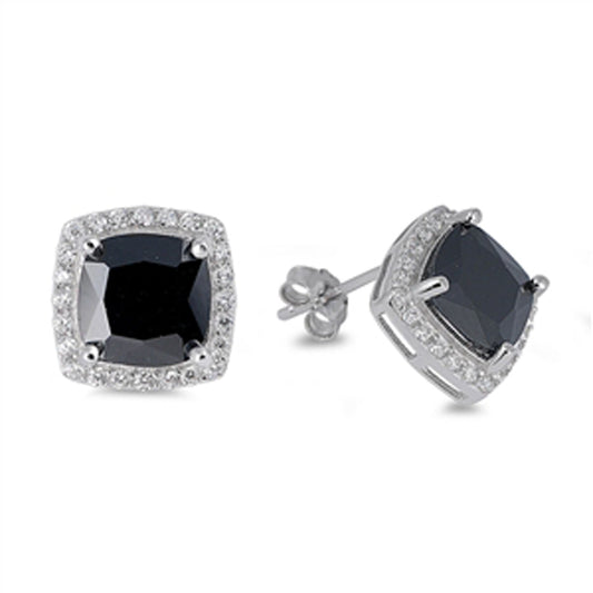 Cushion Black Cubic Zirconia Halo Inspired Stud Earrings in Sterling Silver