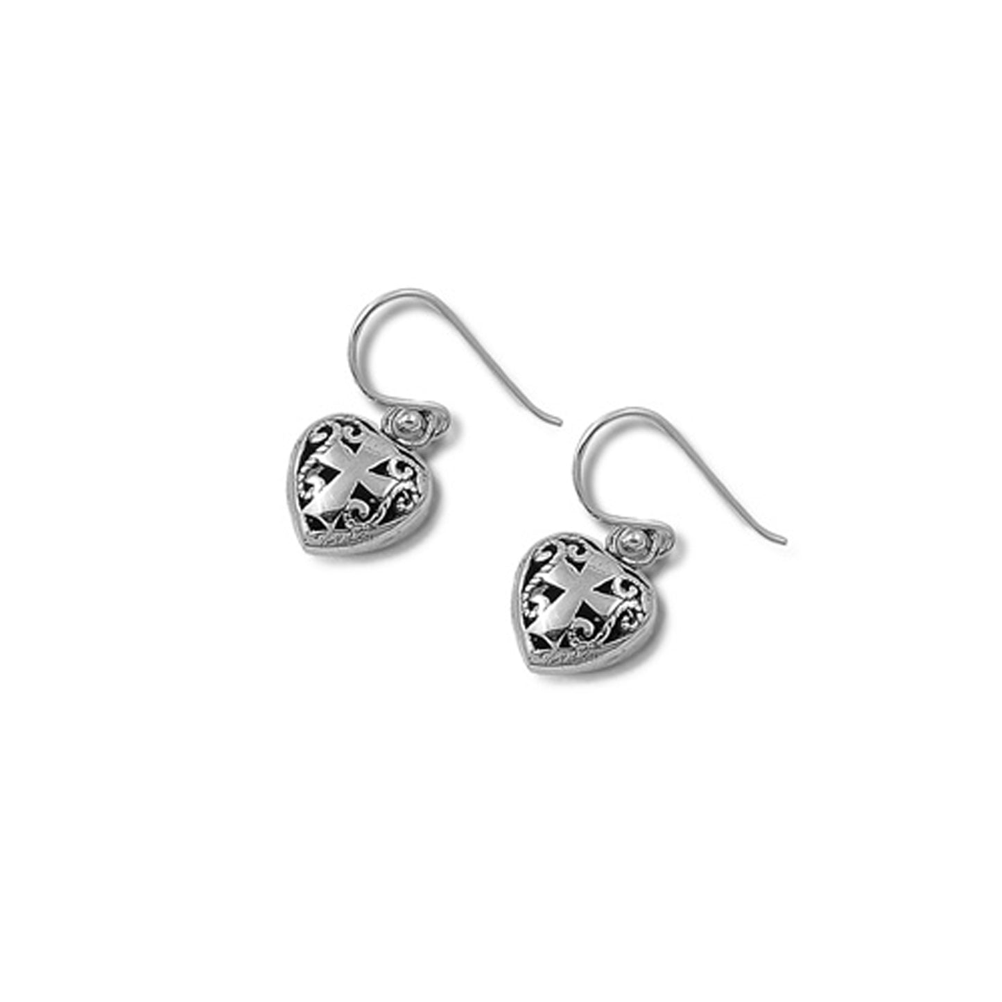 Filigree Heart with Cross Center Earrings in Sterling Silver