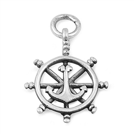 Small Steering Wheel with Anchor Pendant in Sterling Silver