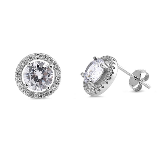 Vintage Halo Cubic Zirconia Round Stud Earrings in Sterling Silver