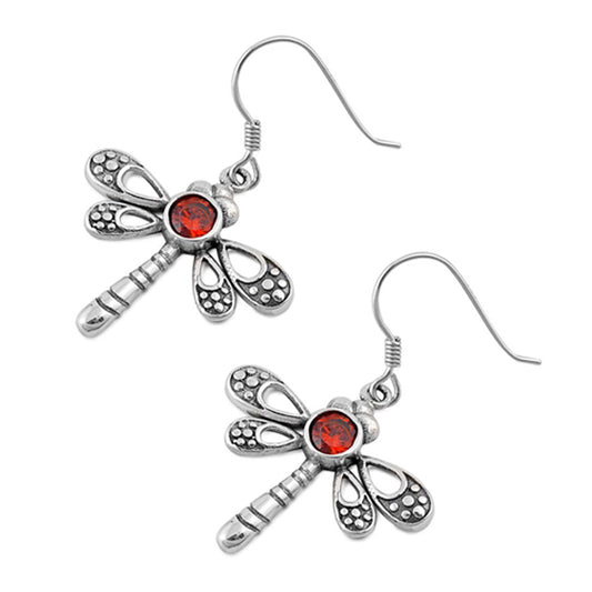 Dragonfly Red Cubic Zirconia Dangle Earrings in Sterling Silver