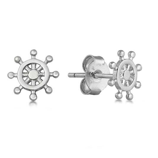 Ship's Steering Wheel Stud Earrings in Sterling Silver