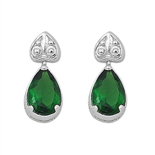 May Emerald Birthstone Cubic Zirconia Drop Dangle Earrings with Filigree Heart Post in Sterling Silver