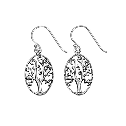 Swirl Tree Oval Dangle Earrings in Sterling Silver