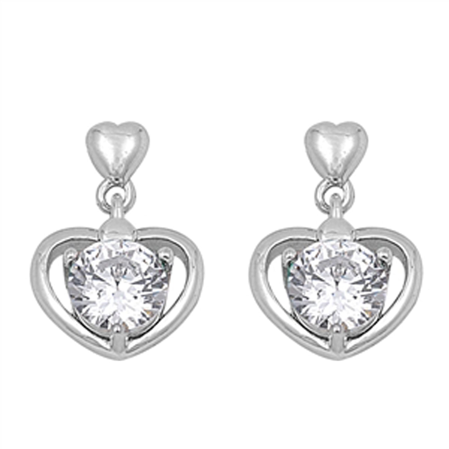 Round-cut Cubic Zirconia Heart Dangle Earrings in Sterling Silver