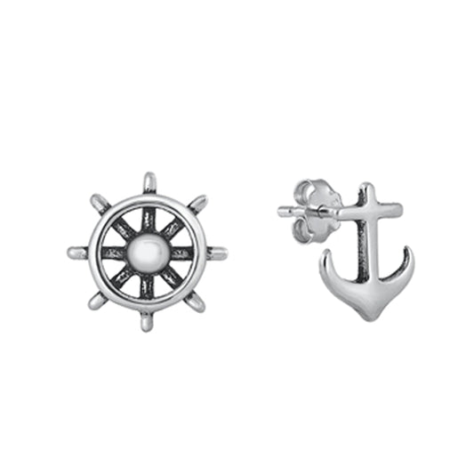 Wheel & Anchor Mismatched Stud Earrings in Sterling Silver