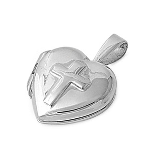 Cross Engrave Small Heart Locket Pendant in Sterling Silver