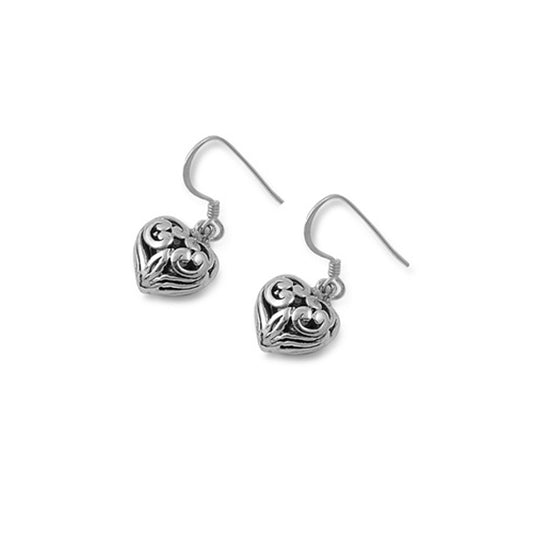 Scroll Puffed Heart Dangle Earrings in Sterling Silver