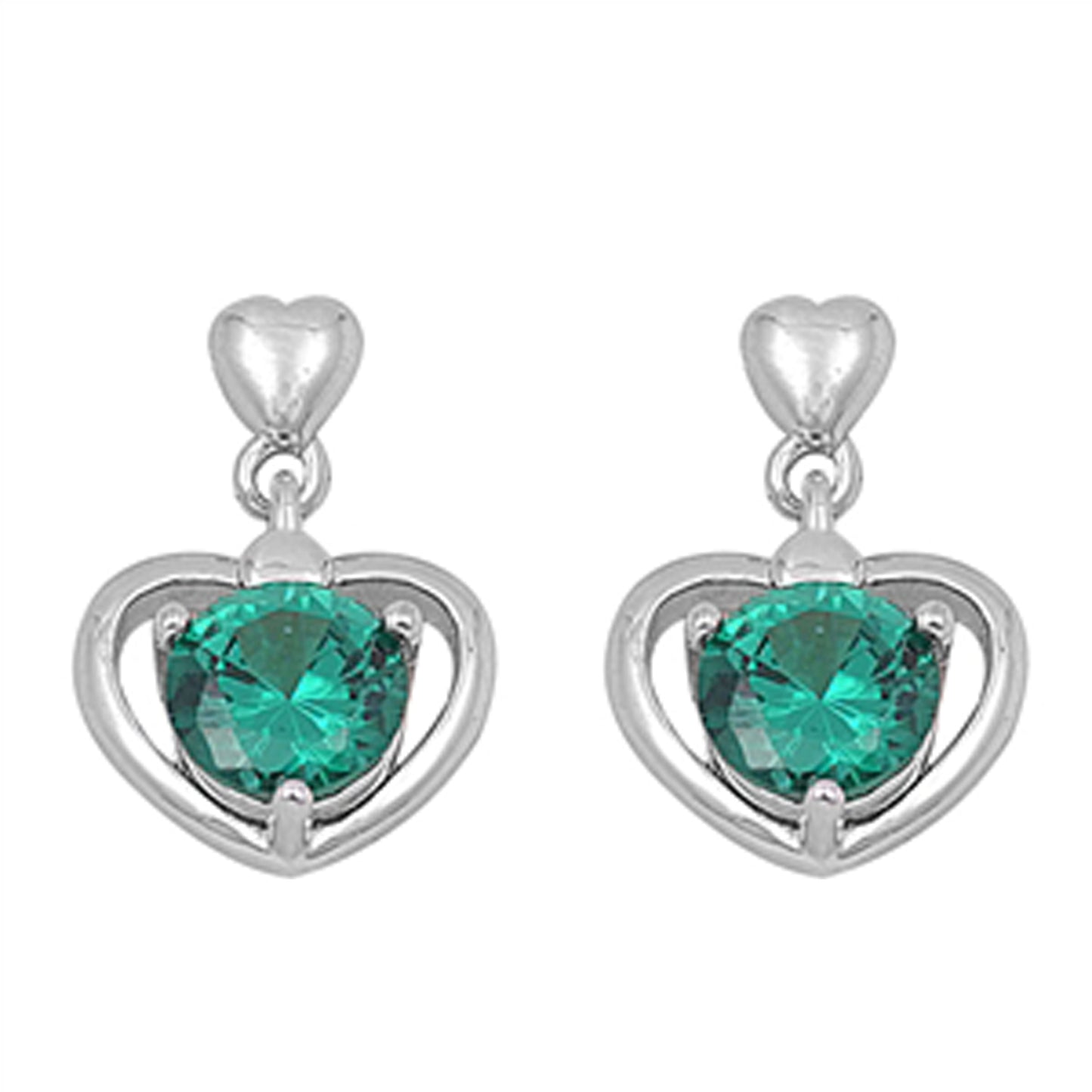 Round-cut May Birthstone Cubic Zirconia Heart Dangle Earrings in Sterling Silver