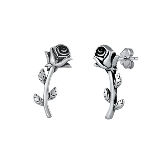 Single Stem Rose Ear Crawl Stud Earrings in Sterling Silver