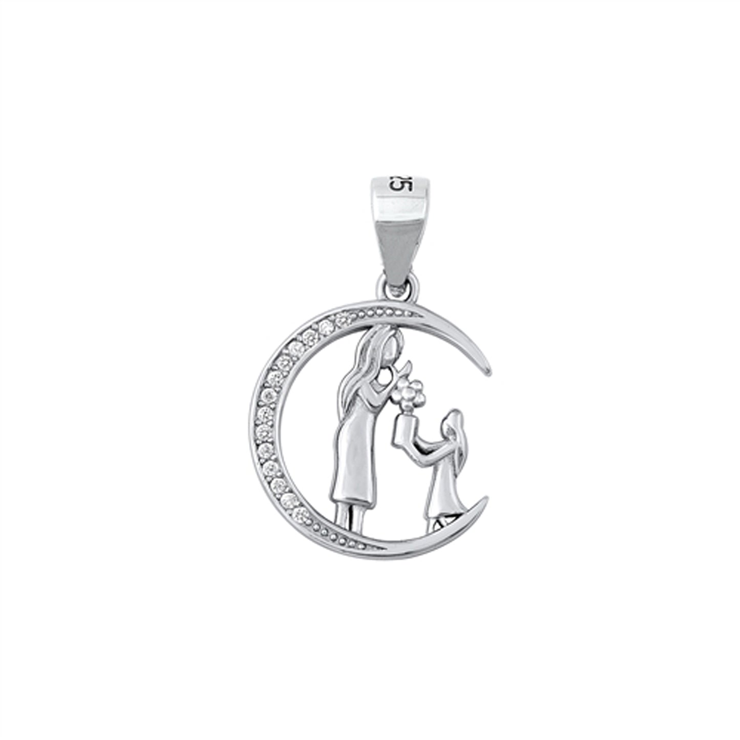 Mother Daughter on Moon Pendant in Sterling Silver