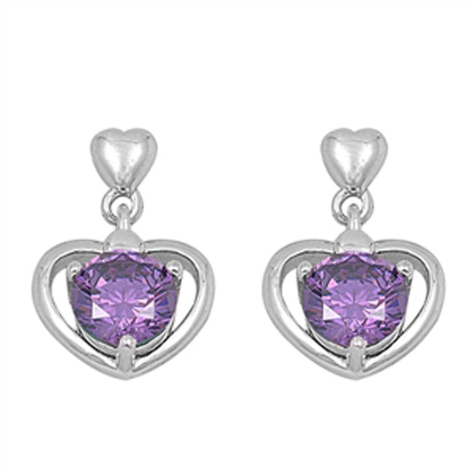 Round-cut February Birthstone Cubic Zirconia Heart Dangle Earrings in Sterling Silver