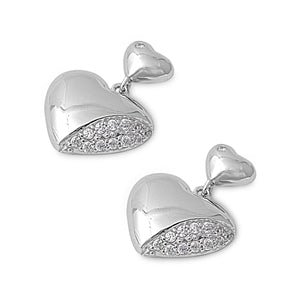 Puffed Heart with Cubic Zirconia Short Dangle Earrings in Sterling Silver