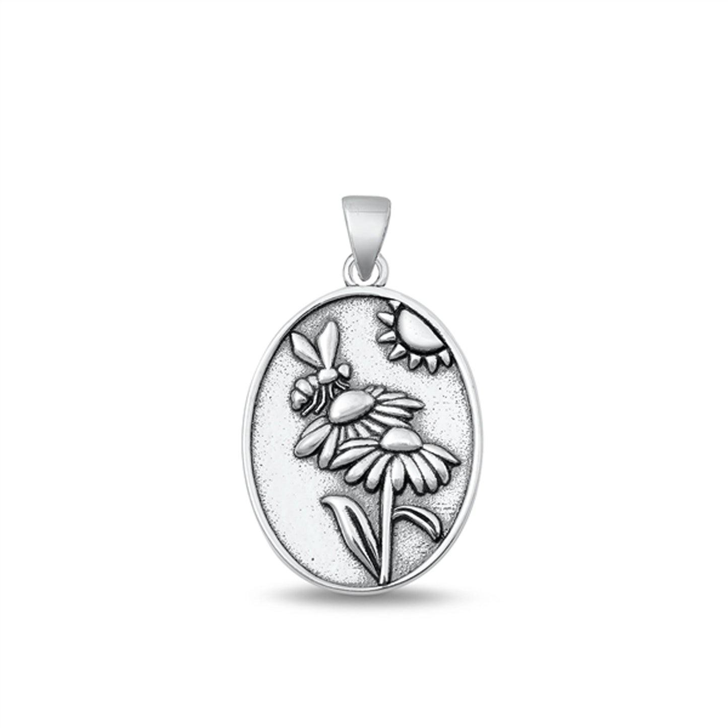 Flowers with Bee & Sun Oval Pendant in Sterling Silver