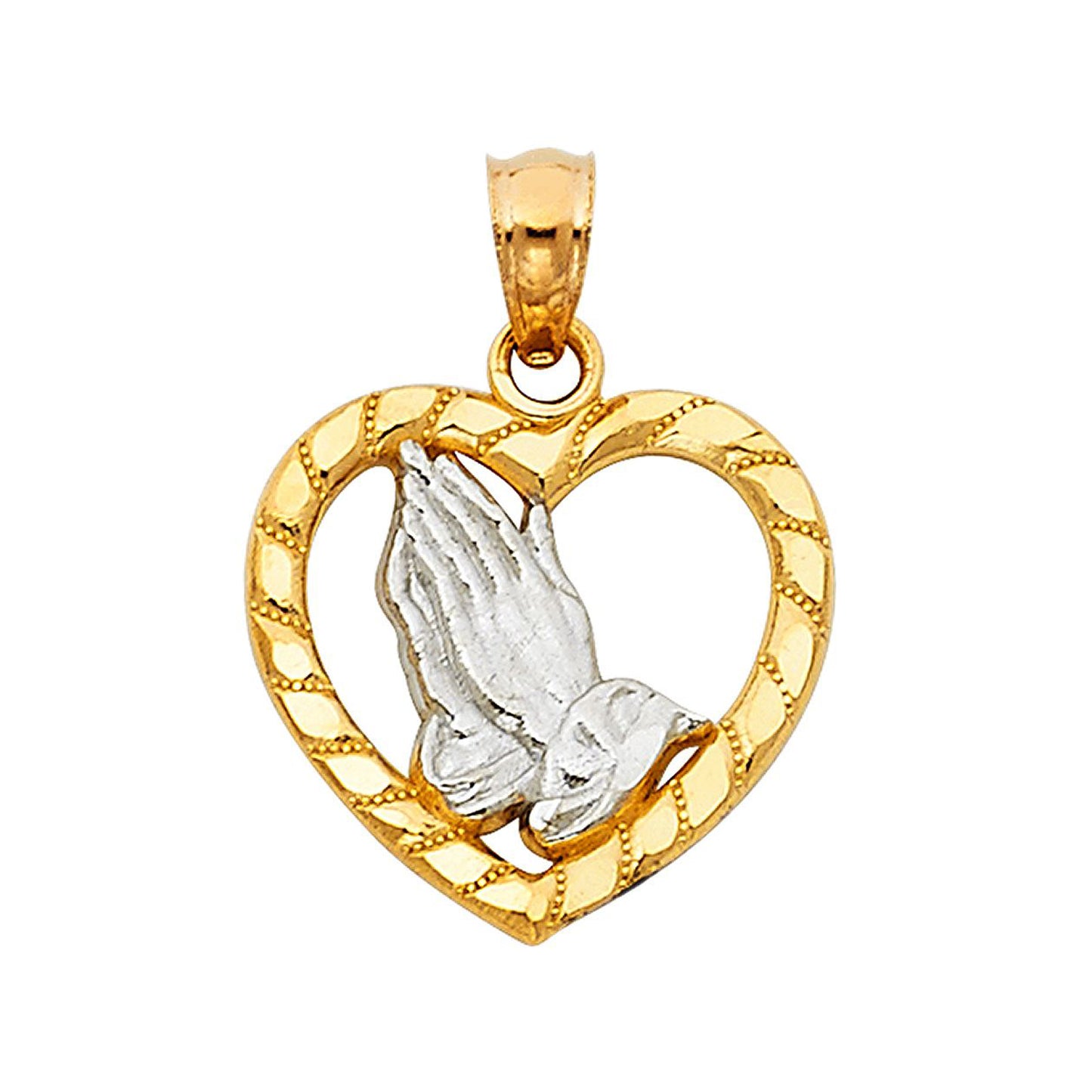 Devoted Praying Hands Heart Pendant in 14k Two Tone Gold