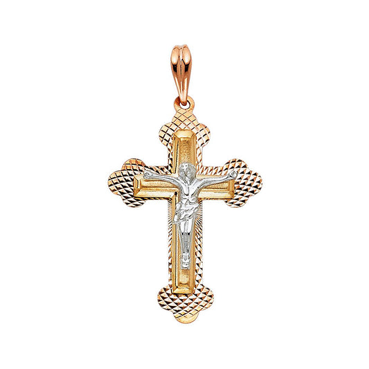 Diamond-cut Budded Crucifix Pendant 14k Three Tone Gold