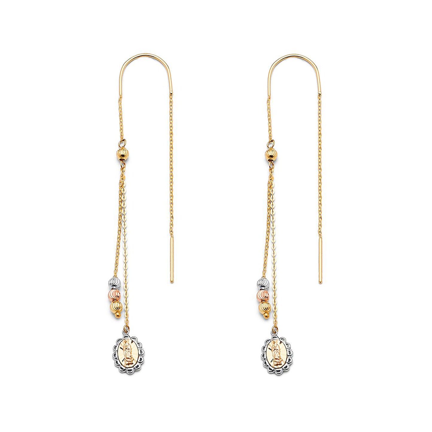 Virgin Mary with Beads Threader Earrings in 14k Three Tone Gold