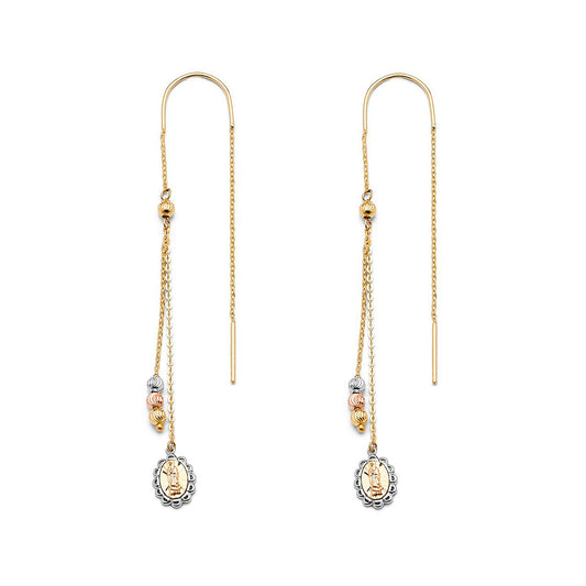 Virgin Mary with Beads Threader Earrings in 14k Three Tone Gold