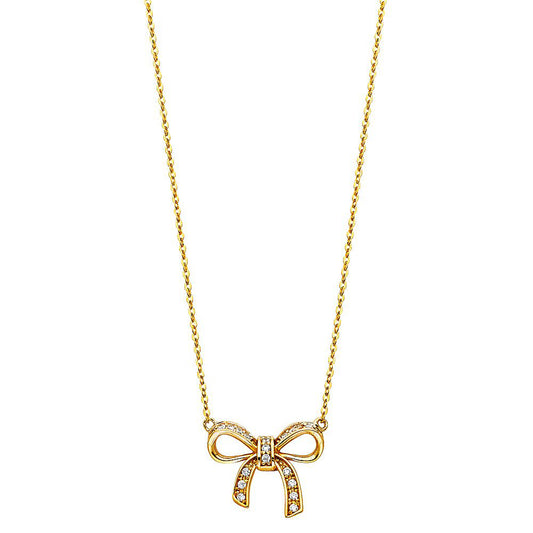 Sweet Bow Cubic Zirconia Accent Pendant Necklace in 14k Yellow Gold