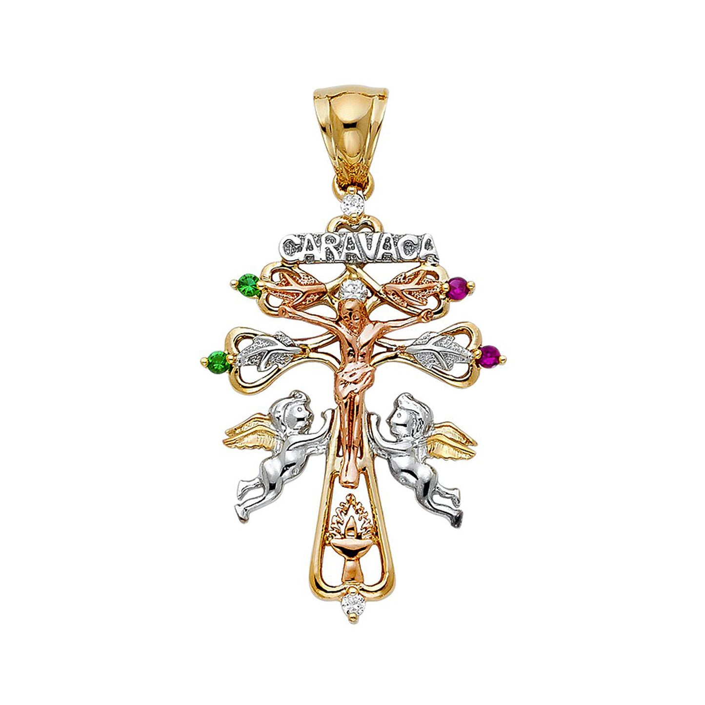 Caravaca Jesus with Angels Crucifix Cubic Zirconia Pendant in 14k Tri Color Gold