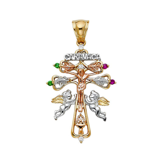 Caravaca Jesus with Angels Crucifix Cubic Zirconia Pendant in 14k Tri Color Gold