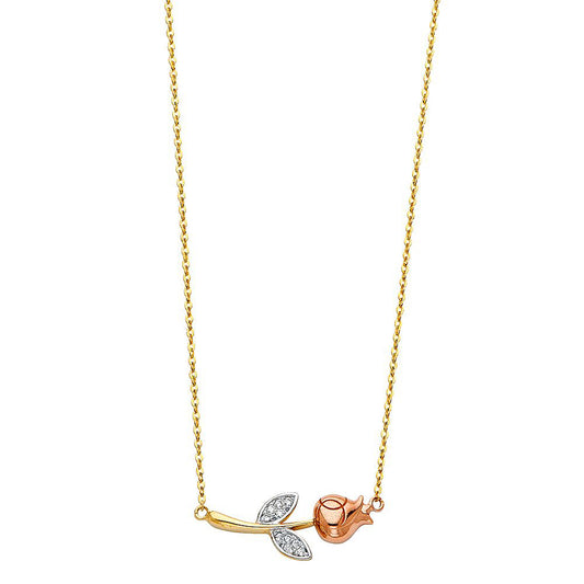 Single Stem Rose for Mom Cubic Zirconia Accent Pendant Necklace in 14k Three Tone Gold