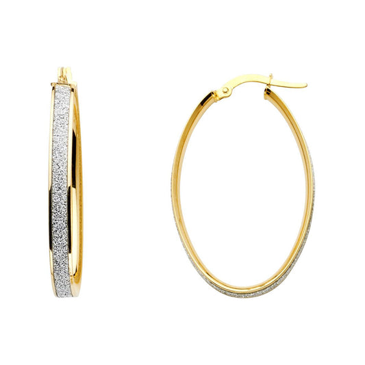 Sparkle Center Finish Big Oval Hoop Earrings in 14k Two Tone Gold