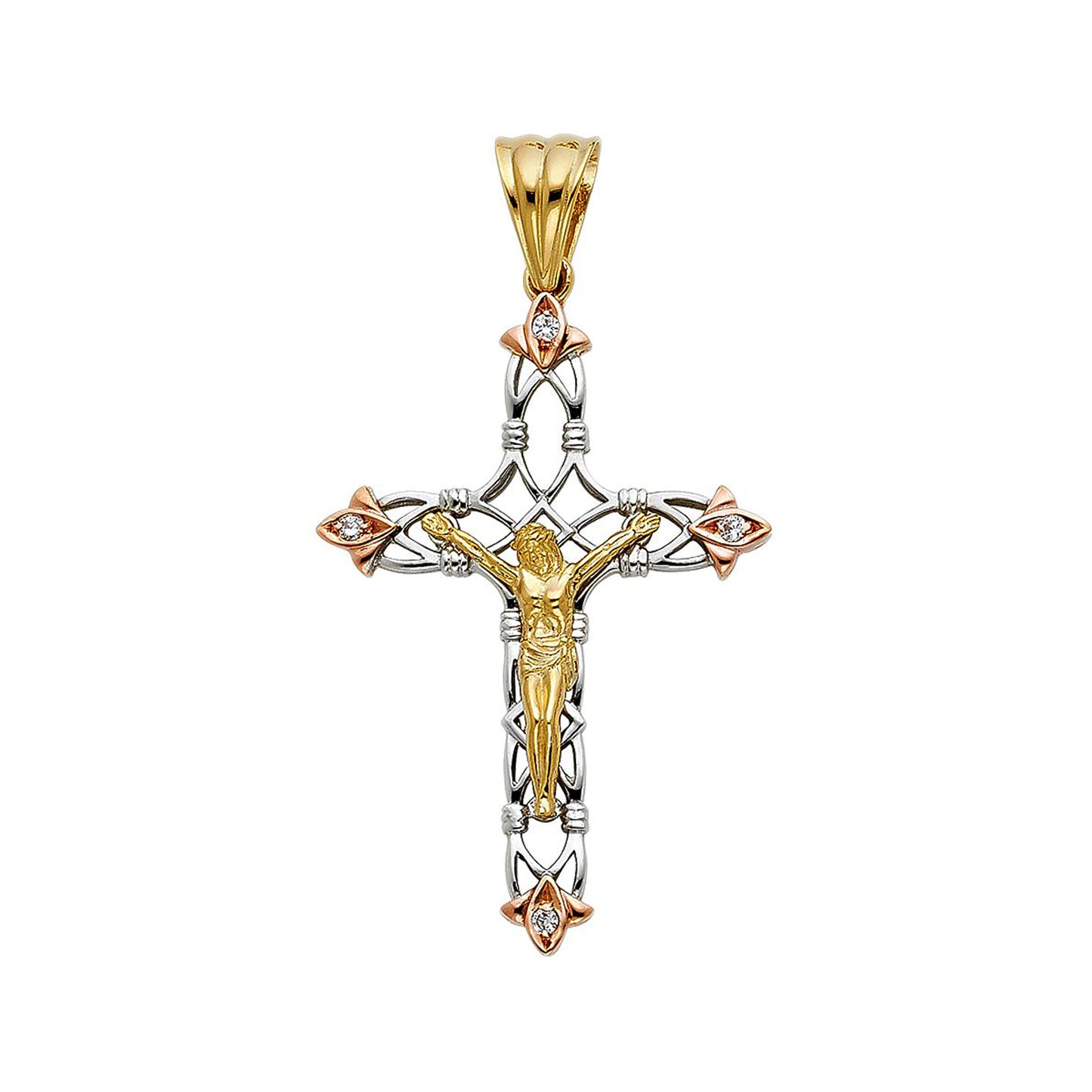 Latticework Crucifix Cross Cubic Zirconia Pendant in 14k Tri Color Gold