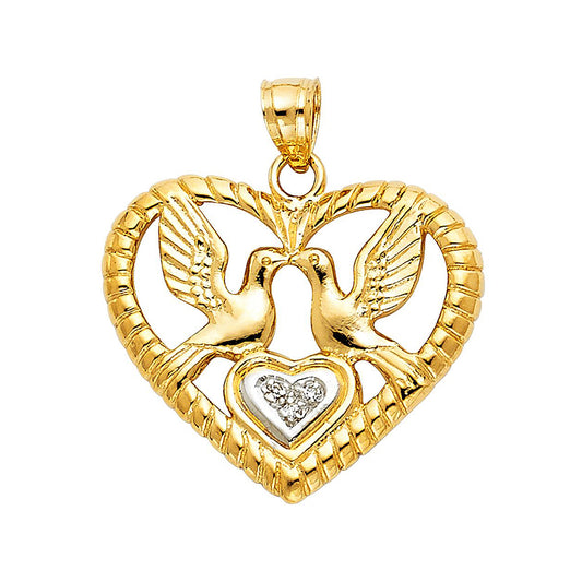 Two Kissing Doves Heart Pendant in 14k Gold