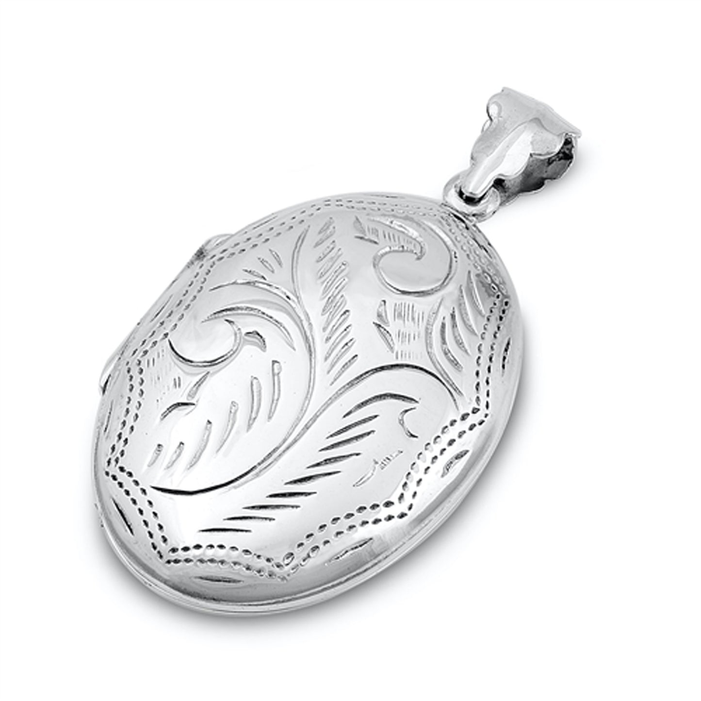 Floral Vine Design Oval Picture Locket Pendant in Sterling Silver